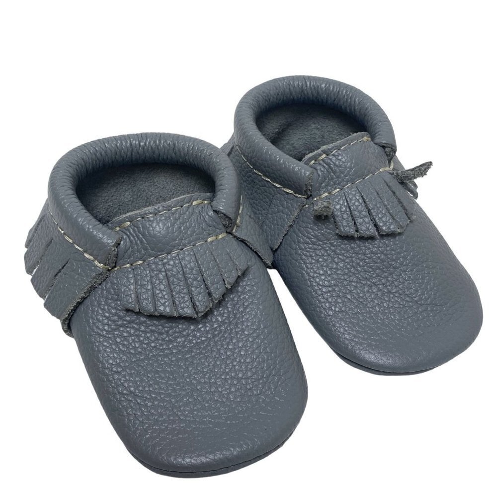 FRESHLY PICKED Baby Shoes Gray Leather Moccasins Up to 12 months Western Fringe